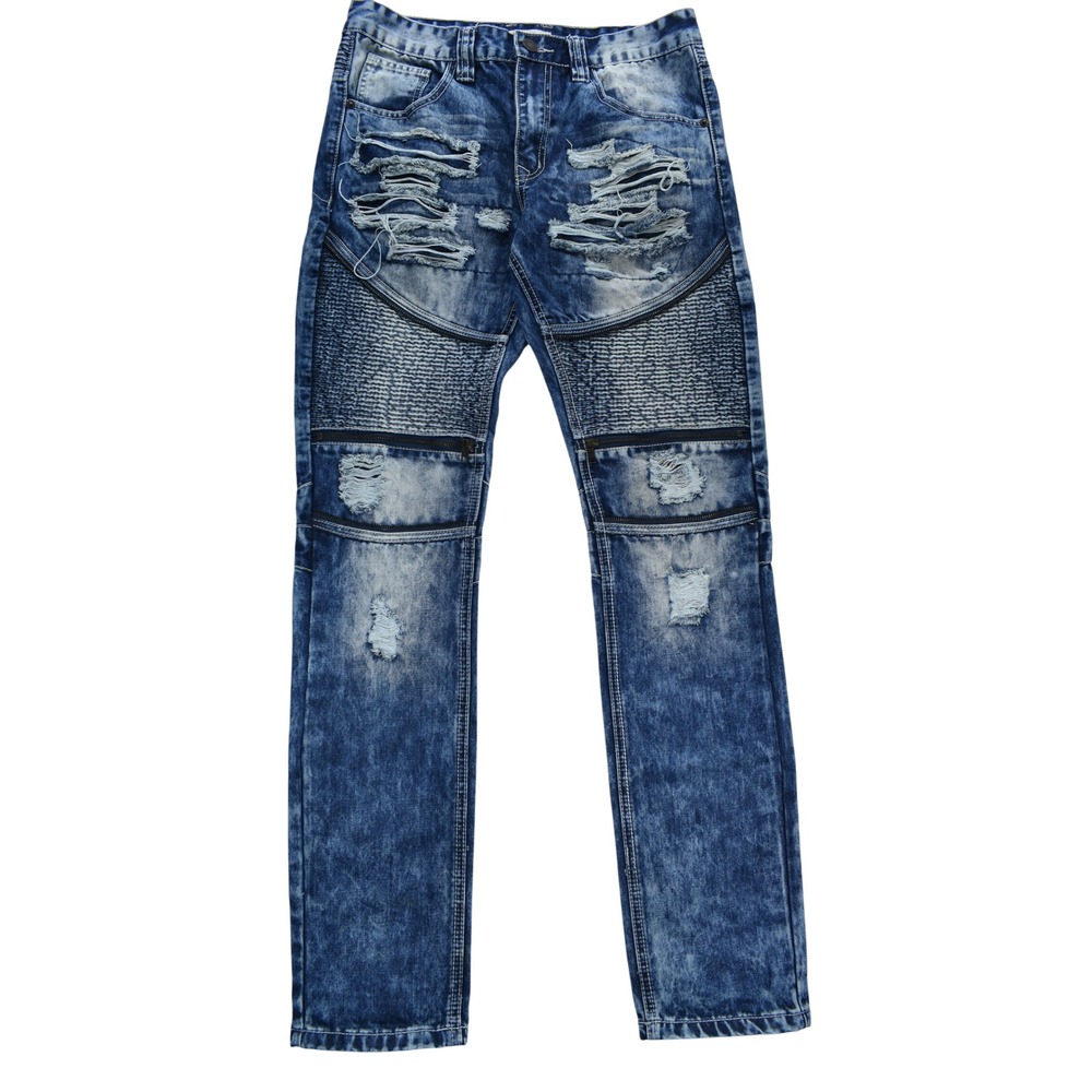 Smoke Rise Mens Moto Biker Jeans Distressed Acid Wash Blue Denim 32x32